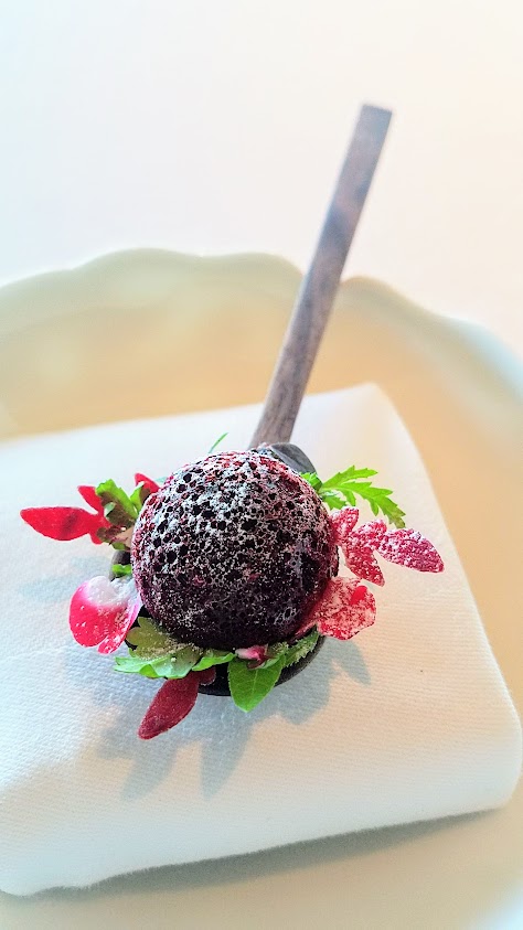 Dessert of A Bite of Beetroot, Blackcurrant, Yoghurt and Tagetes at Geranium, a three Michelin star restaurant in Copenhagen