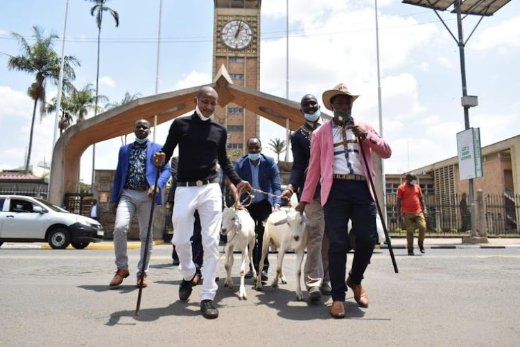 MP Babu Owino and the two goats he was gifted by the Maa community ./COURTESY