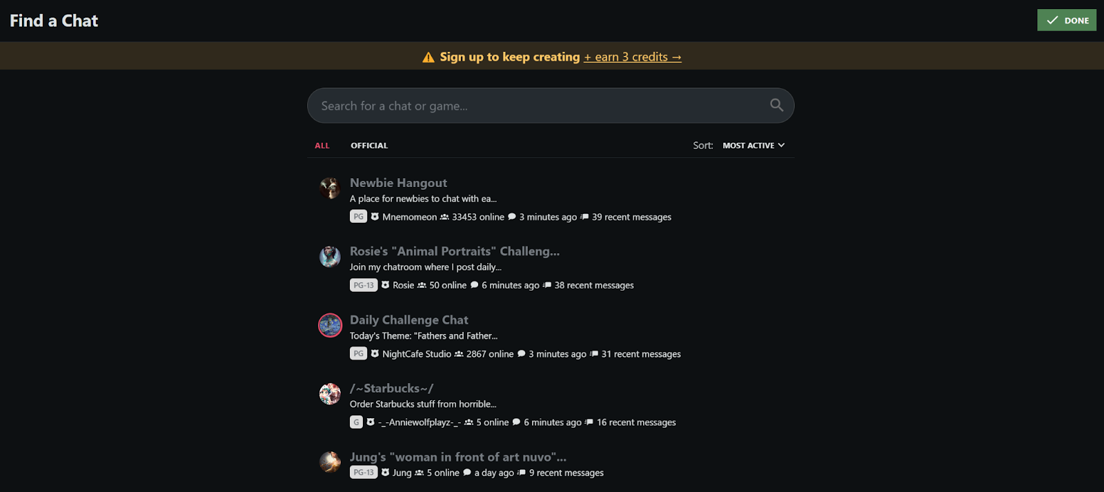 Active chat rooms on NightCafe.