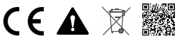 CE compliance mark for EU followed by the caution sign - a triangle with an exclamation mark inside, a trash bin with an X mark, and a QR code