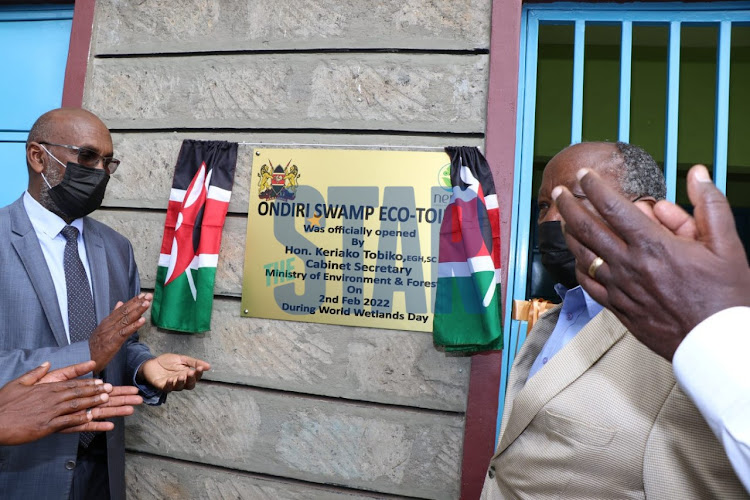 A plaque unveiled for eco toilet by CAS Mohamed Elmi at Ondiri swamp during the commemoration of world Wetlands day on February 2, 2022.