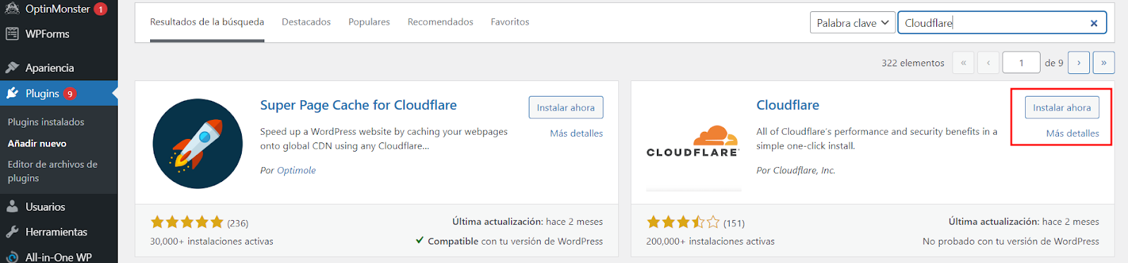 Sección de búsqueda de plugins indicando el plugin de Cloudflare