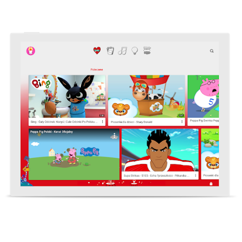 Ekran z różnymi filmami do wyboru dla dzieci w YouTube Kids