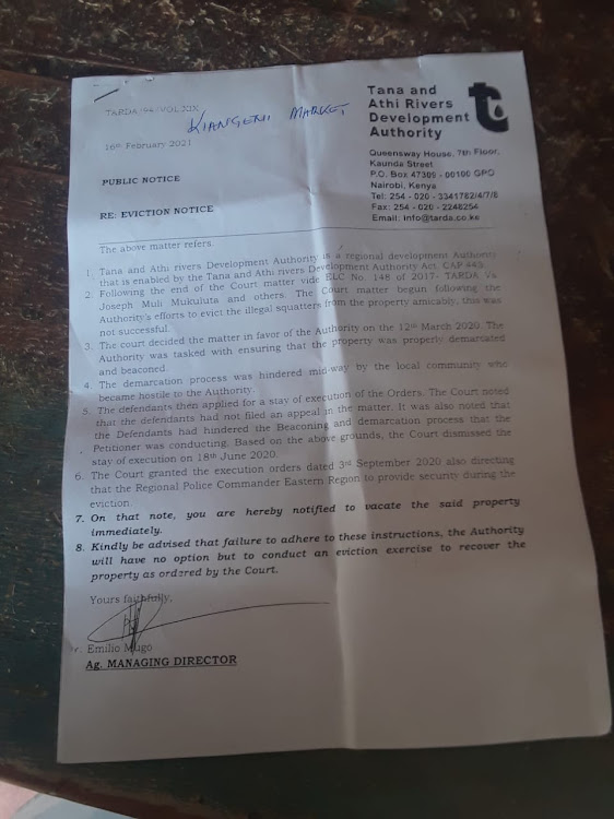 TARDA Eviction letter to Kithumuoni residents