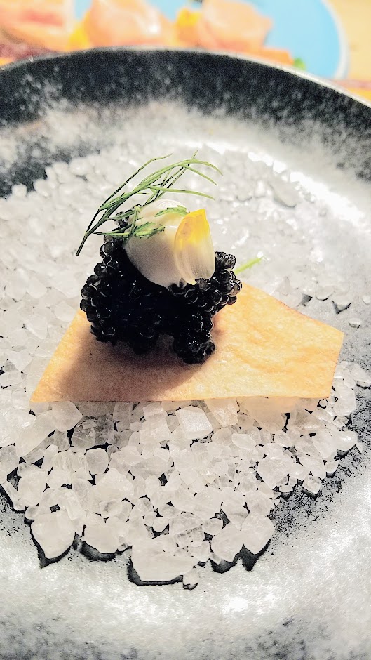 Langbaan Chefs Who Inspire Dinner with Edouardo Jordan of Salare and Junebaby, a collaboration with Chef Earl Ninsom of Langbaan to benefit Farestart. This is one of three snacks, the Caviar with coconut Crème fraiche on crispy roti cracker