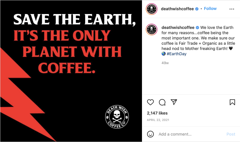 Death Wish Coffee Earth Day Instagram example