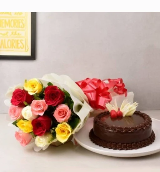 Chocolate Cake And 12 Mixed Rose Bunch