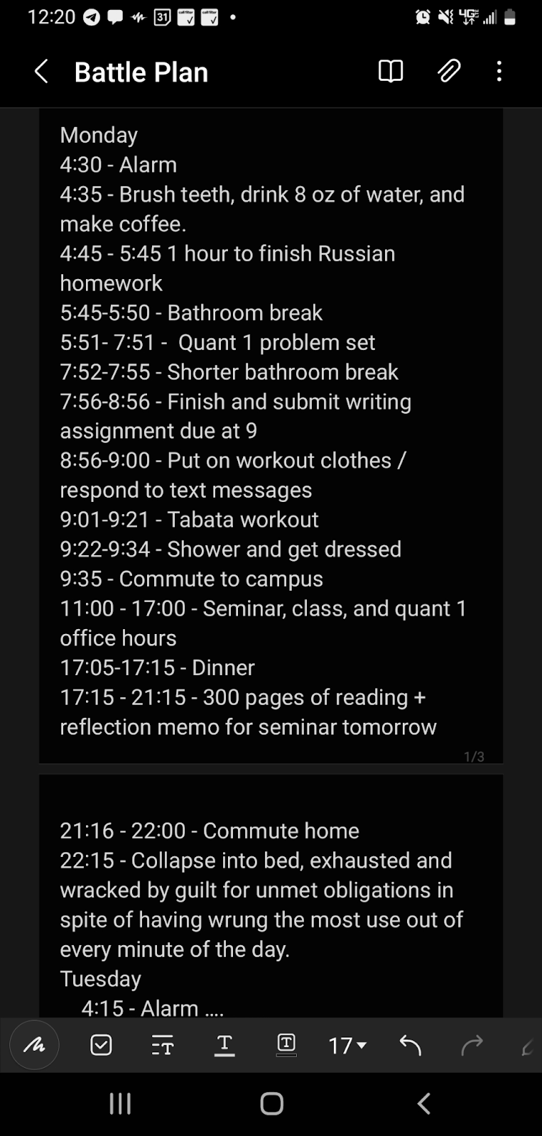 A screenshot of a note on the author's phone, walking through a daily plan beginning at 4:30 a.m. and continuing in increments down to the minute until 10:15 p.m.