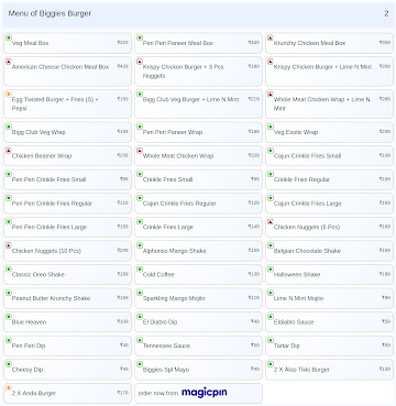 Biggies Burger menu 