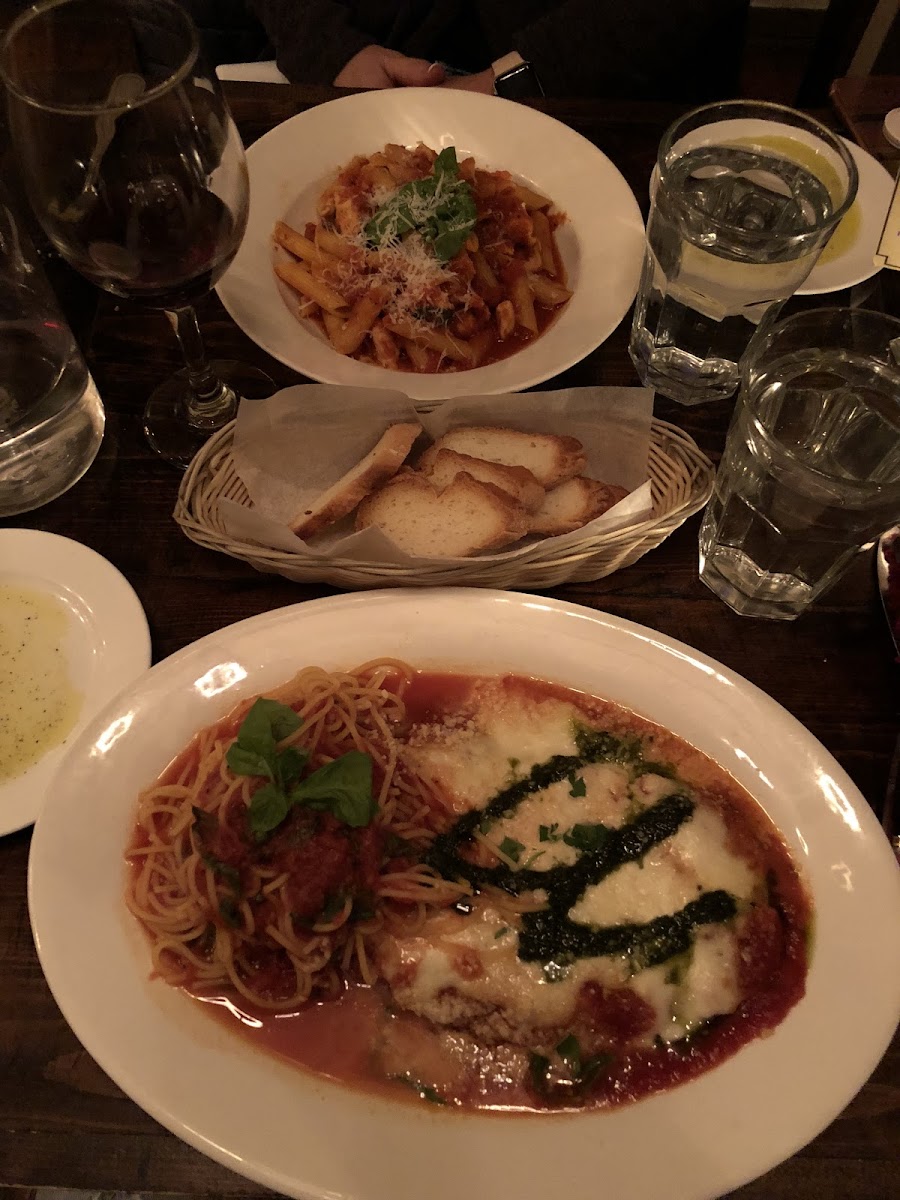 GF chicken parm, bread basket delicious!