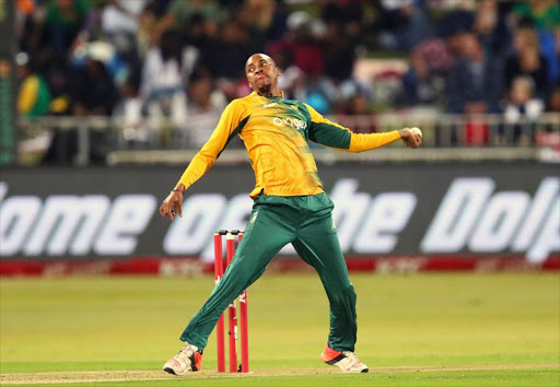 Aaron Phangiso bowls during the 1st KFC T20 International match between South Africa and New Zealand at Sahara Stadium Kingsmead on August 14, 2015 in Durban, South Africa.