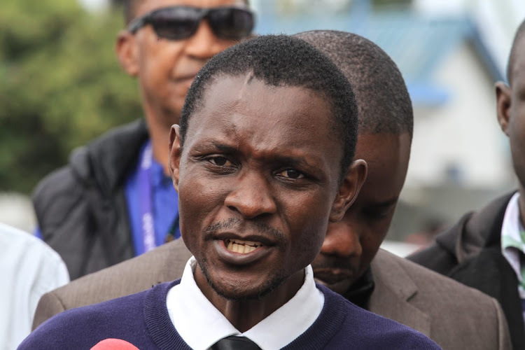 Nurses Union Nairobi Branch secretary Boaz Onchari during a presser at Mama Lucy Hospital on November 7,2022