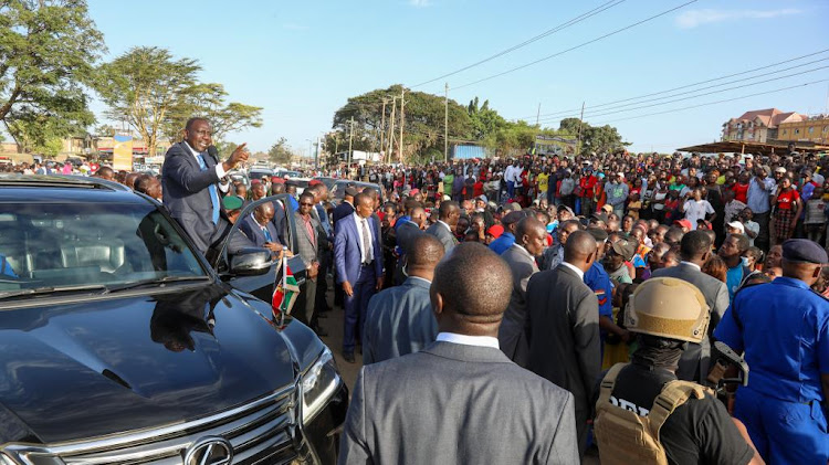 President William Ruto addressing a crowd of people after groundbreaking ceremony of the Ruiru Affordable Housing Project in Kiambu on January 19. 2023.