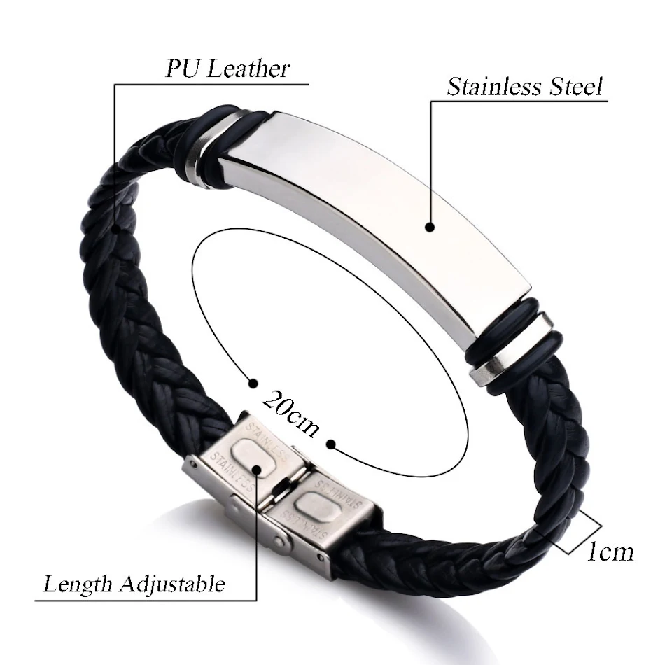 Bracelet homme en cuir tressé avec plaque lisse en acier inoxydable. Un accessoire élégant et durable pour un style masculin affirmé.