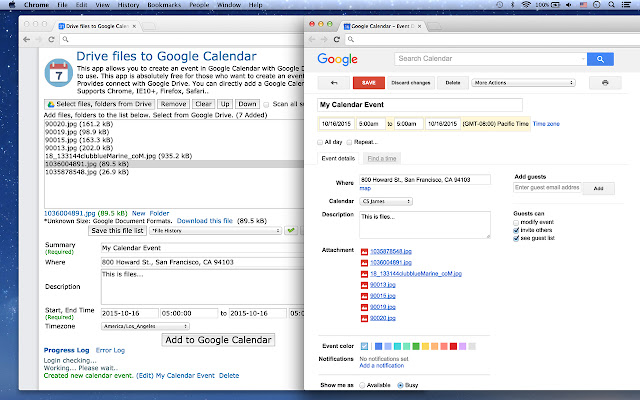 Drive files to Google Calendar chrome extension