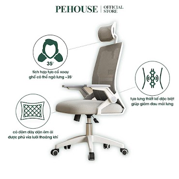 Ghế Xoay Văn Phòng Pehouse Ngả Lưng 35 Độ, Vải Lưới Thoáng Khí, Tựa Đầu Và Cổ, Tựa Tay Gập 90 Độ, Lắp Đặt Dễ - Ylf2199