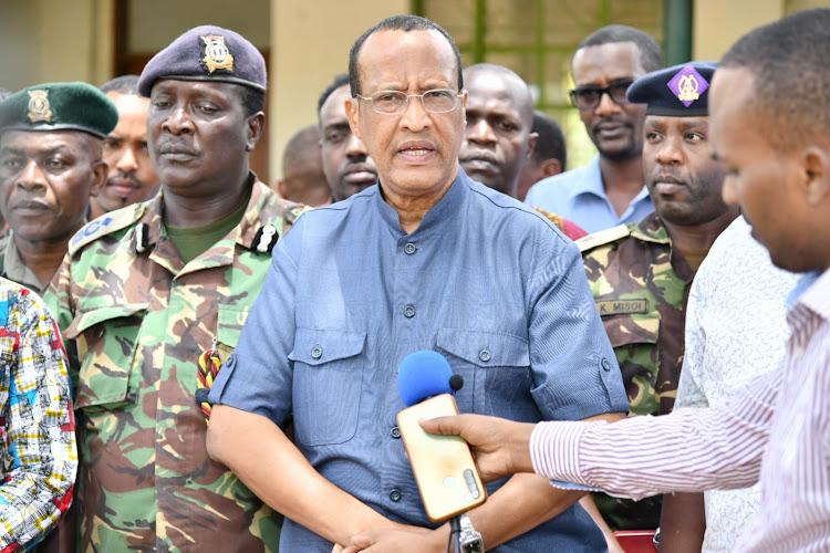 Garissa Governor Nathif Jama speaking to the press after a county steering committee meeting at the farmers training center in Garissa on Wednesday, October 12.