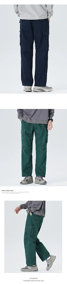 Calças cargo retrô masculinas folgadas com vários bolsos. Calças casuais confortáveis para uso diário e trabalho.