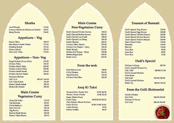 Dadi's Kitchen, lakkasandra menu 