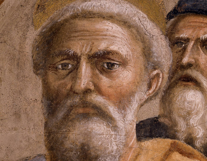 Masaccio, San Pietro risana con lombra (particolare della testa di San Pietro), affresco nella Cappella Brancacci, Santa Maria del Carmine, Firenze