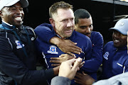 Eric Tinkler celebrates during the NFD Promotion/Relegation Play-off match between Royal Eagles and Maritzburg United at Chatsworth Stadium on May 29, 2019 in Durban, South Africa. 