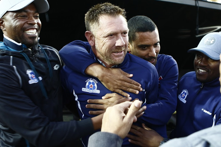 Eric Tinkler celebrates during the NFD Promotion/Relegation Play-off match between Royal Eagles and Maritzburg United at Chatsworth Stadium on May 29, 2019 in Durban, South Africa.