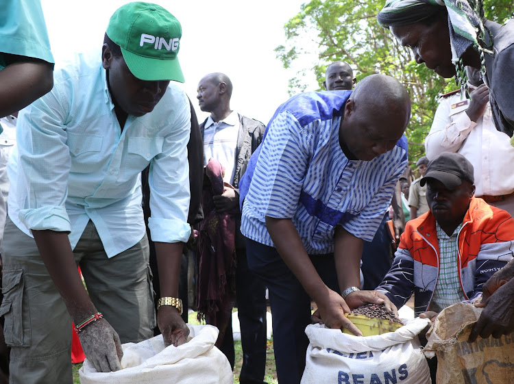 Busia Governor Sospeter Ojaamong and Devolution CS Eugene Wamalwa distribute relief food to flood victims of Amoni in Teso North Sub County on Sunday.