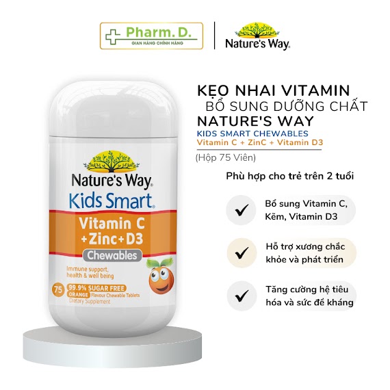 Kẹo Nhai Nature's Way Kids Smart Chewable Giúp Bổ Sung Vitamin C, Kẽm Và Vitamin D3 Cho Bé (Hộp 75 Viên)