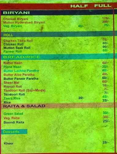 Mughal Darbar menu 
