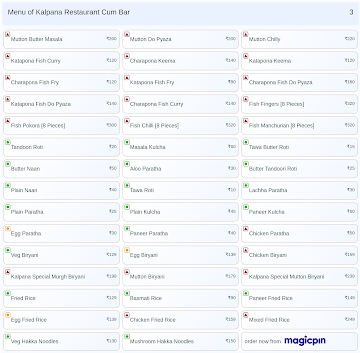 Kalpana Restaurant Cum Bar menu 