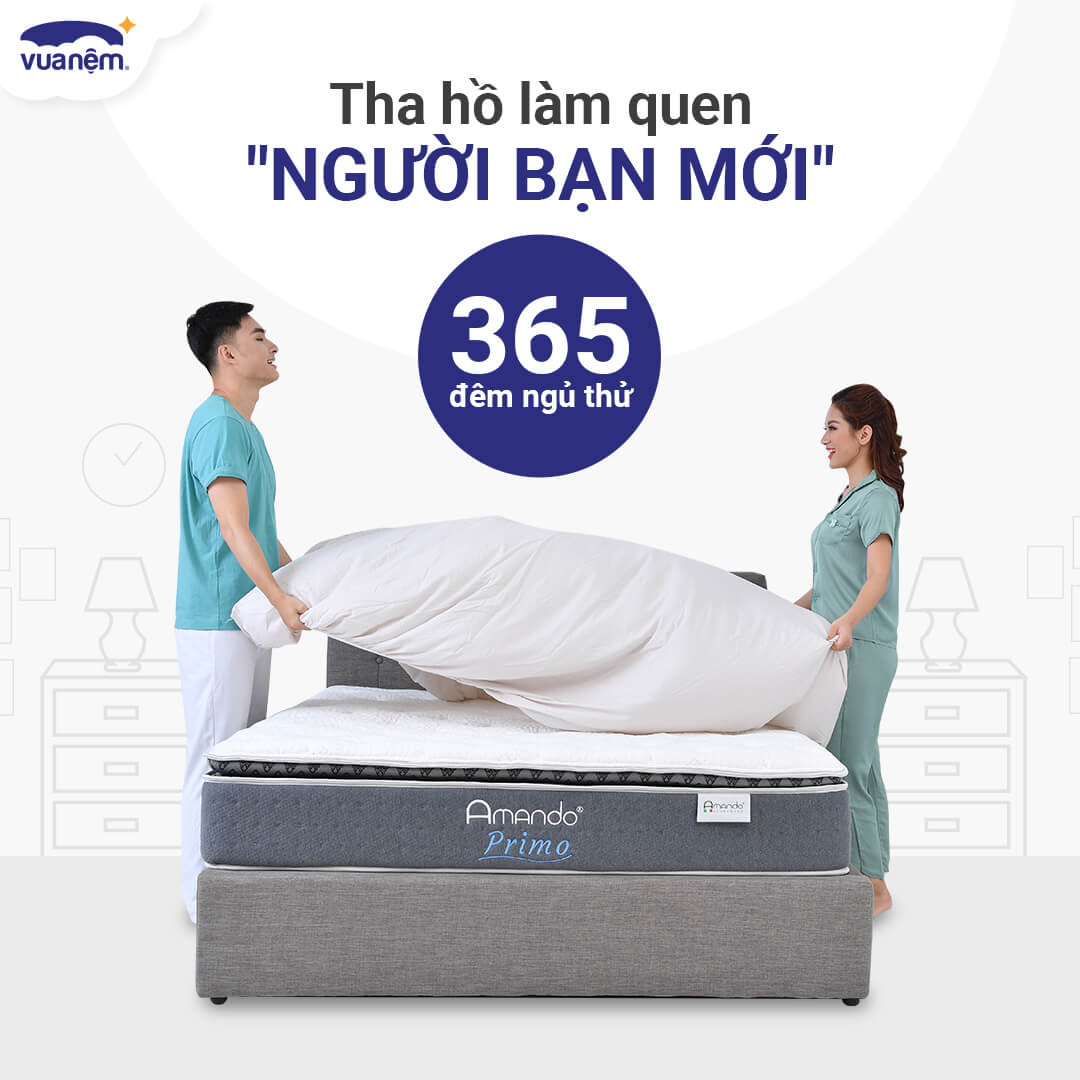 Vua Nệm đã đưa ra gói 365 ngày ngủ thử, để khách hàng có thể an tâm, thoải mái trải nghiệm sản phẩm