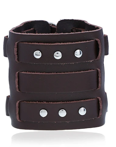 Studded Punk Wide Leather Bracelet, - 1