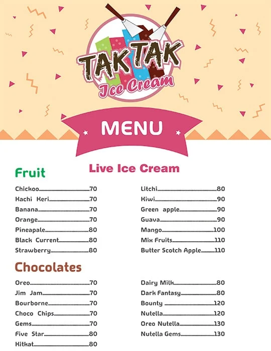 Tak Tak Live Ice Creams menu 