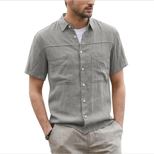 Title 3, Casual Buttoned Shirt Cotton Linen Short Sleeve...