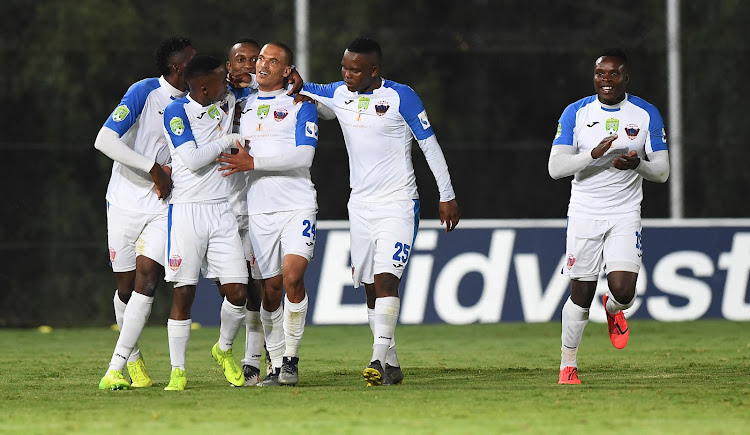 Ruzaigh Gamildien of Chippa United celebrating his equalizing goal with team mates during the Nedbank Cup, Quarter Final match between Bidvest Wits and Chippa United at Bidvest Stadium on March 30, 2019 in Johannesburg, South Africa.