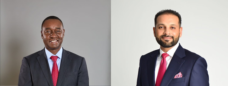 Incoming I&M Bank Group Regional CEO Kihara Maina (left) and Gul Khan who has been appointed the CEO of I&M Kenya