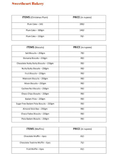 Teja Sweet Heart Bakery menu 