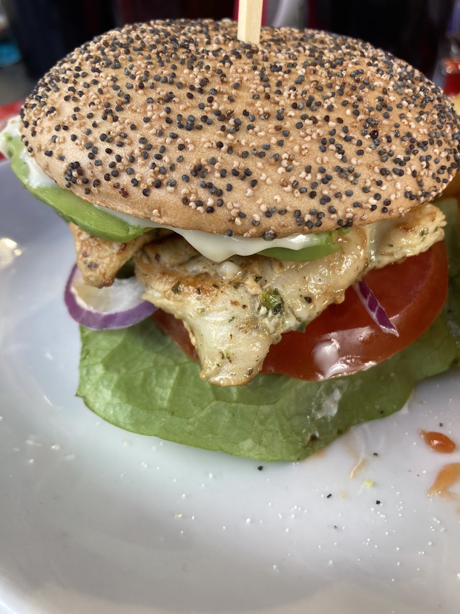 Gluten free and milk free ,chicken burger with salad and avocado and chips.