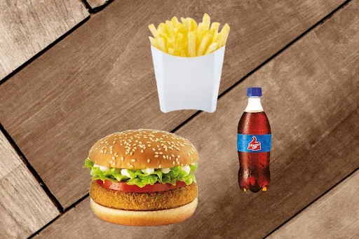 Veg Patty Burger With Fries [Regular] And Thums Up Soft Beverage [250 Ml]