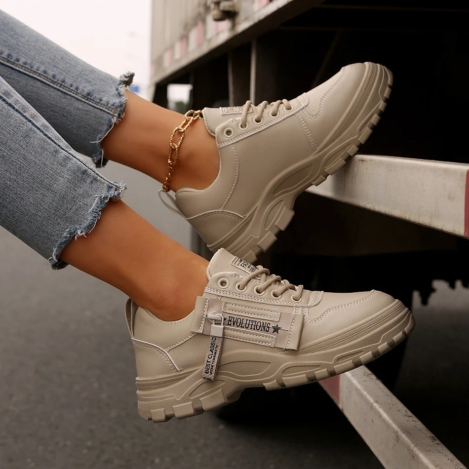 Baskets de sport à lacets avec fermeture éclair latérale pour femme, design mode, semelle épaisse, bout rond, chaussures décontractées