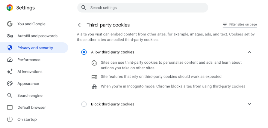 Example of allowing third-party cookies in Google Chrome