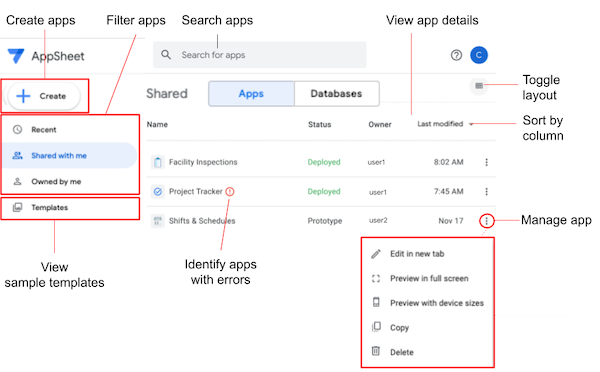 さまざまなアクションの説明が示されている [My Apps] ページ