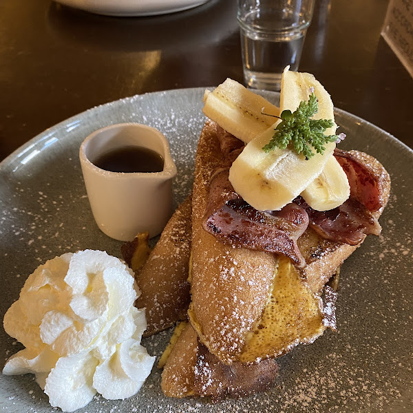 French toast with bacon, banana and cream