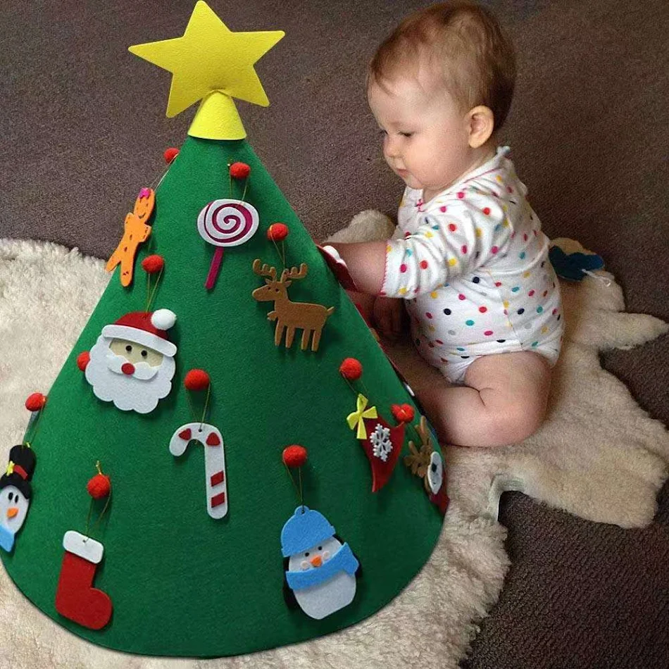 Árbol de Navidad de fieltro 3D con luces Decoración navideña de alta calidad para niños Adornos hechos a mano
