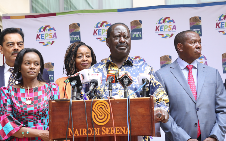 Presidential candidate Raila Odinga with Kenya's private sector officials in Nairobi, on Wednesday, March 2.