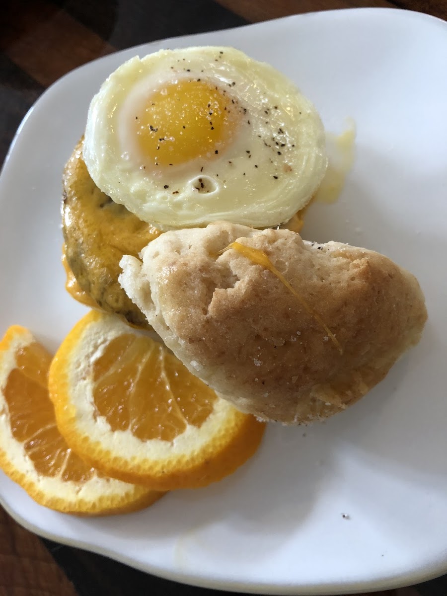 Gf breakfast biscuit sandwich: biscuit, baked egg, turkey sausage, cheddar