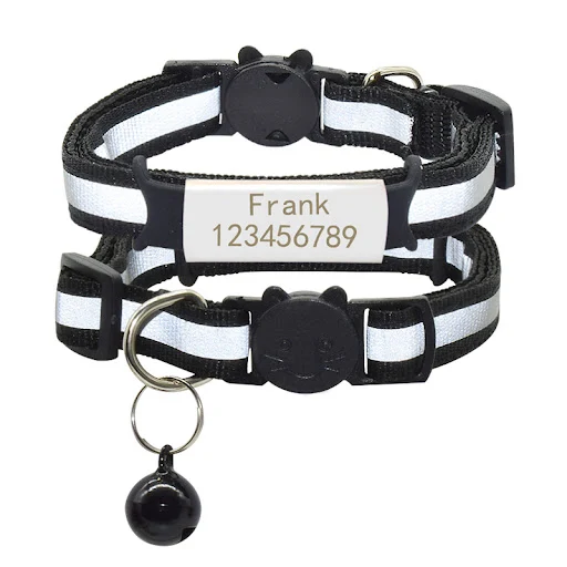 Personalized Reflective Nameplate Cat Collar Bell Safety Nylon Necklace Custom Engraved ID Name Tag Cat Collar Pet Kitte