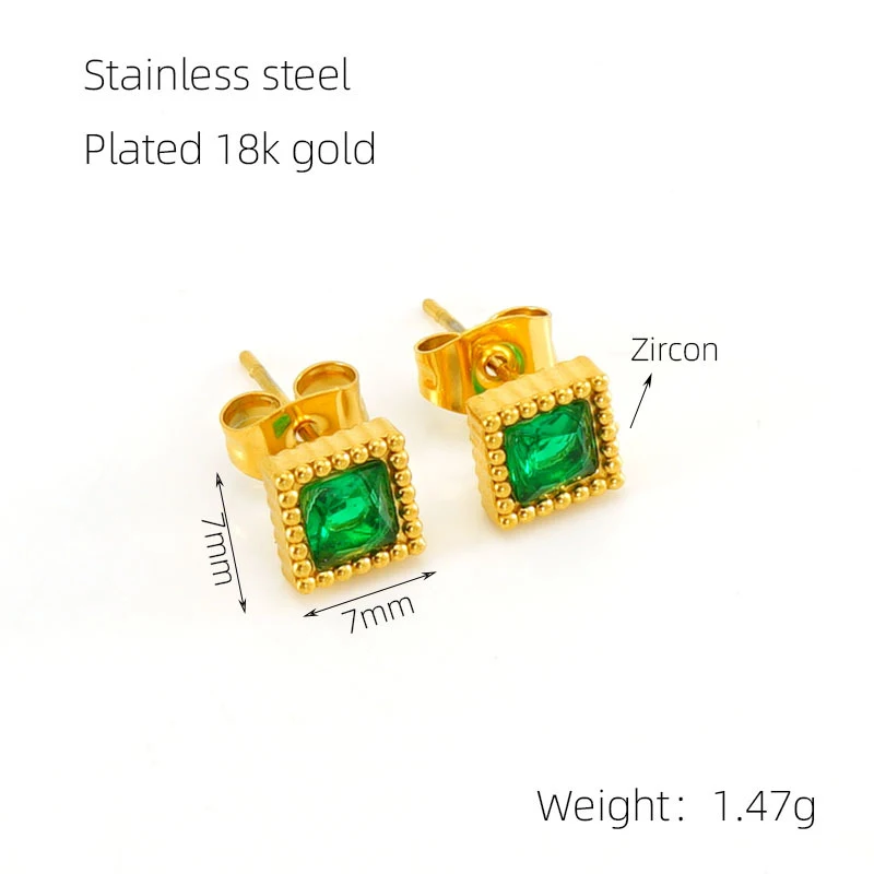Retro compacte vierkante zirkonia stud oorbellen van echt goud, Europees en Amerikaans design, perfect voor dagelijks gebruik