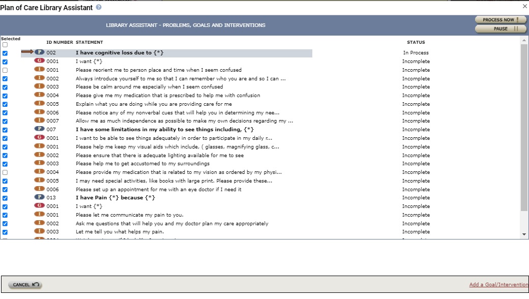 A resident's Plan of Care Library Assistant showing the full list of the incomplete problems, goals, and interventions. 