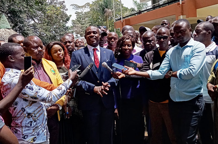 Kakamega ANC governor candidate Cleophas Malala addressing reporters at Golf hotel in Kakamega on Tuesday